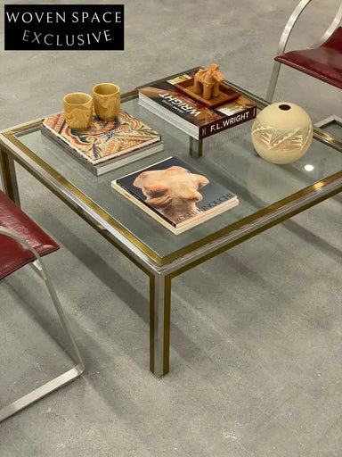 Vintage 1970s Italian Art Deco Brass Glass Coffee Table