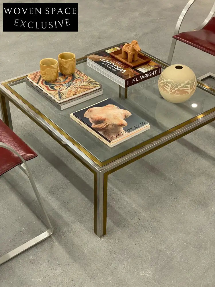 Vintage 1970s Italian Art Deco Brass Glass Coffee Table