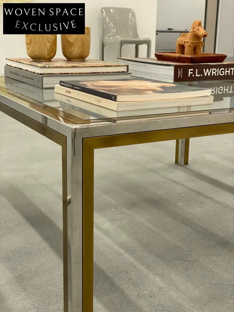 Vintage 1970s Italian Art Deco Brass Glass Coffee Table