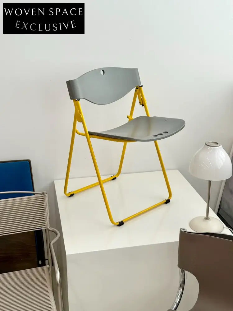 Vintage Italian LENA Folding Chair: Concrete Grey & Lemon Yellow Accent