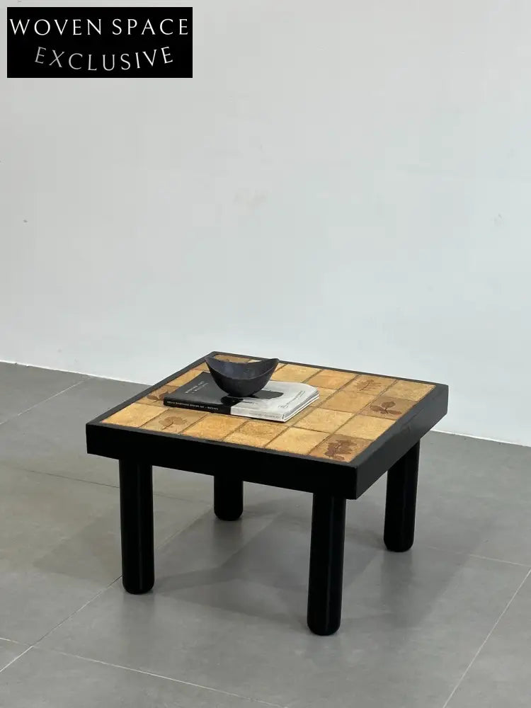 Vintage French Coffee Table with Leaf Motif Tiles by Unknown