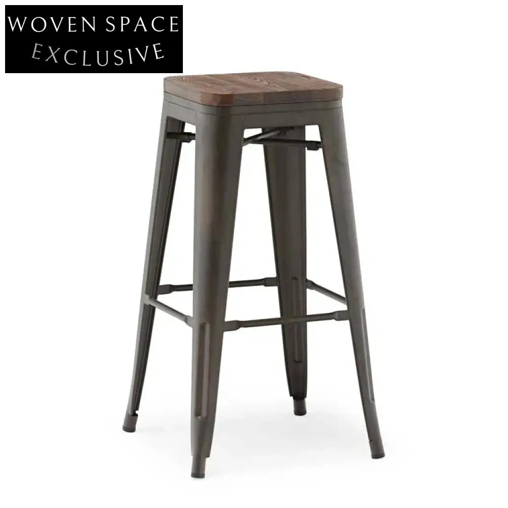 Vintage Industrial Metal Bar Stool with Wooden Seat, Stackable High Chair
