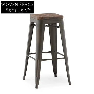 Vintage Industrial Metal Bar Stool with Wooden Seat, Stackable High Chair