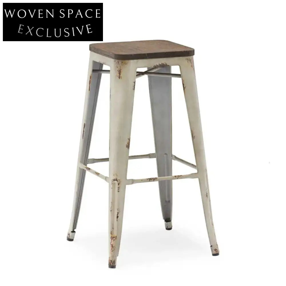 Vintage Industrial Metal Bar Stool with Wooden Seat, Stackable High Chair