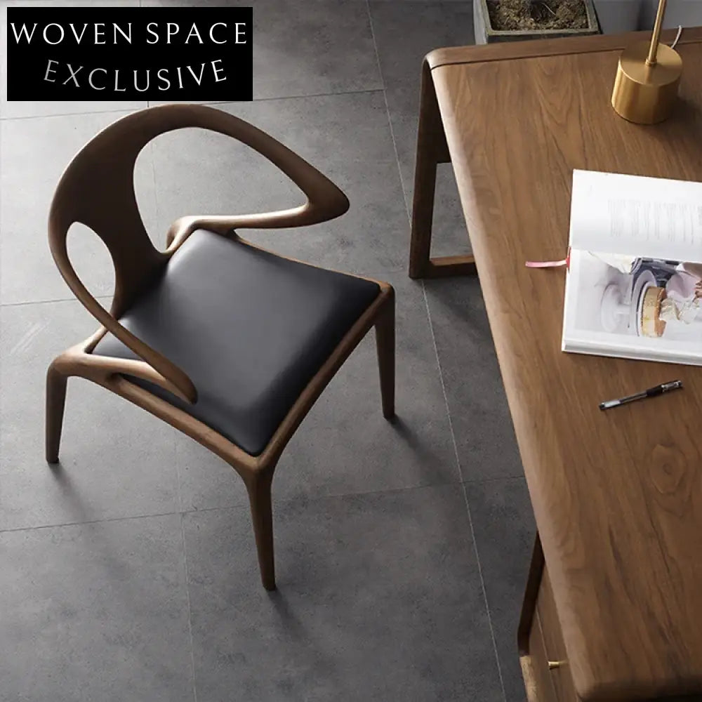 Vintage Luxury Solid Wood Arm Dining Chair with Black Leather Seat