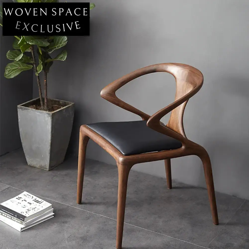 Vintage Luxury Solid Wood Arm Dining Chair with Black Leather Seat