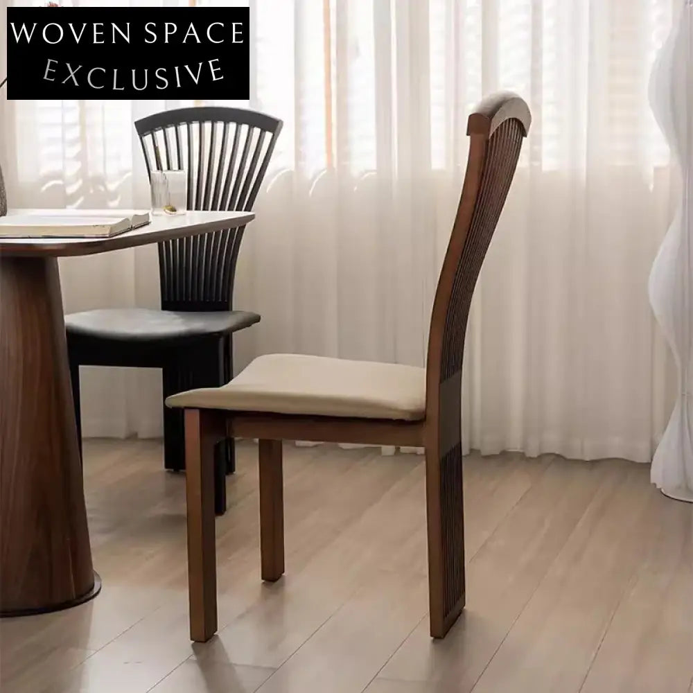 Vintage Mid-Century Solid Wood Fan Back Dining Chair with PU Leather Seat