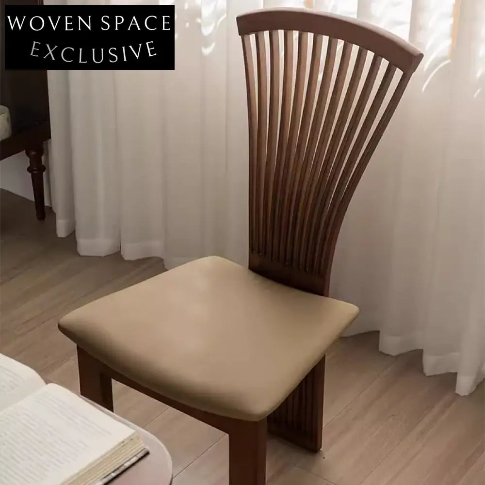 Vintage Mid-Century Solid Wood Fan Back Dining Chair with PU Leather Seat