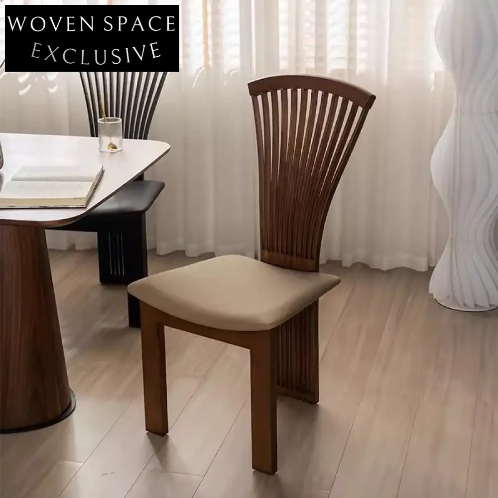 Vintage Mid-Century Solid Wood Fan Back Dining Chair with PU Leather Seat