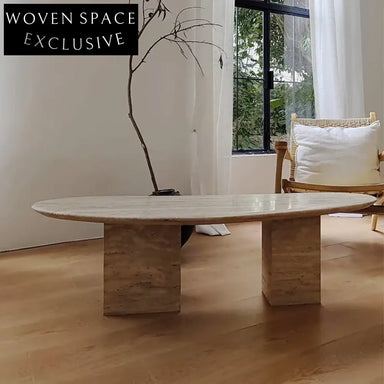 Vintage Modern Italian Beige Travertine Stone Living Room Center Coffee Table