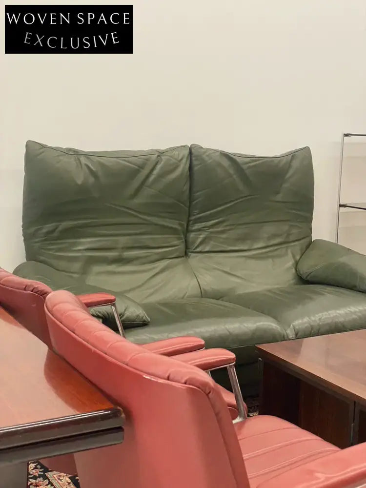 Vintage Italian Cassina Maralunga Olive Green Two-Seater Sofa
