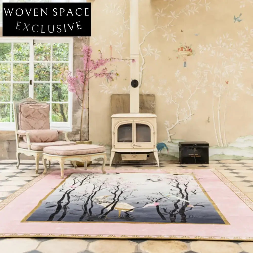 Vintage Pink Floral Bird Durable Washable Foldable Polyester Living Room Area Rug