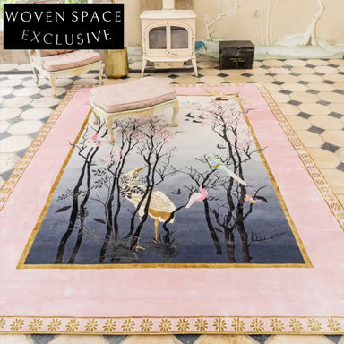 Vintage Pink Floral Bird Durable Washable Foldable Polyester Living Room Area Rug