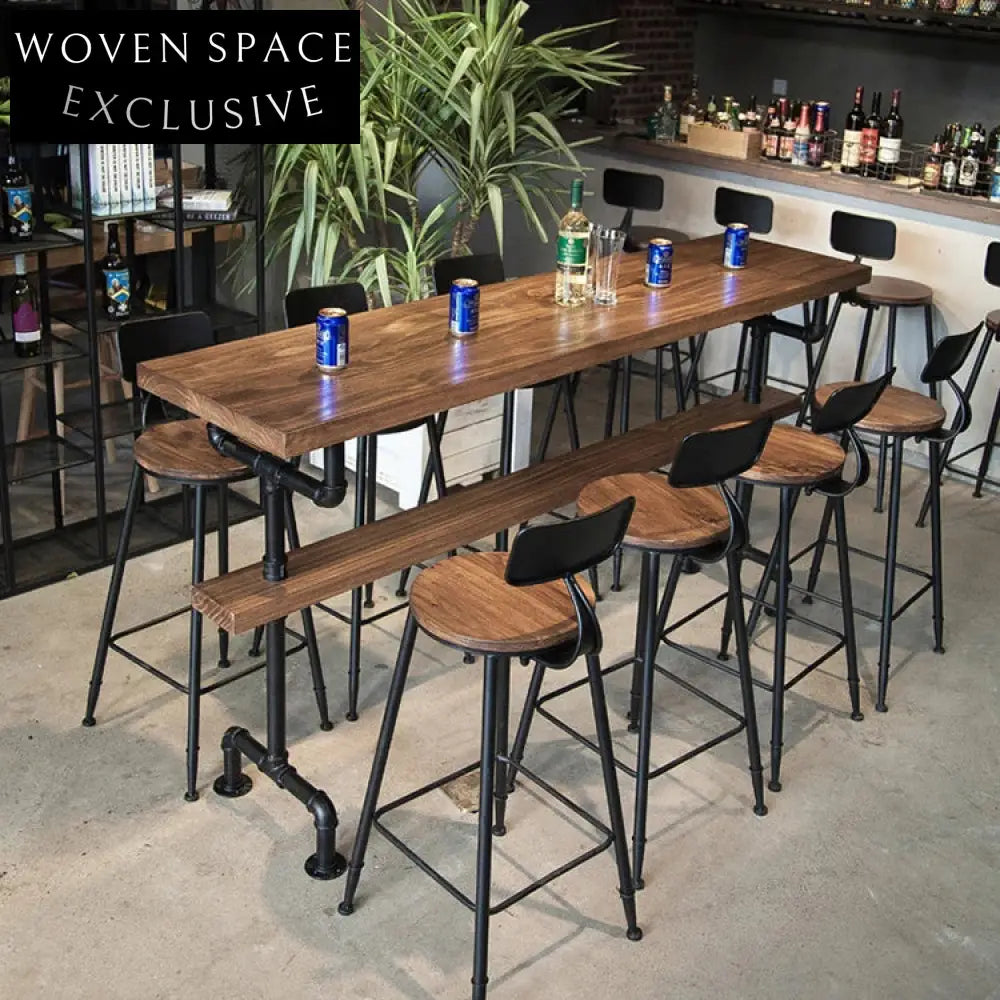 Vintage Solid Wood Coffee Shop Bar Counter, Metal High Leg Narrow Bar Table