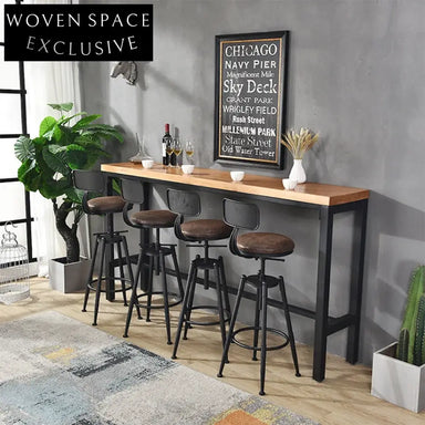 Vintage Solid Wood Coffee Shop Bar Counter, Metal High Leg Narrow Bar Table