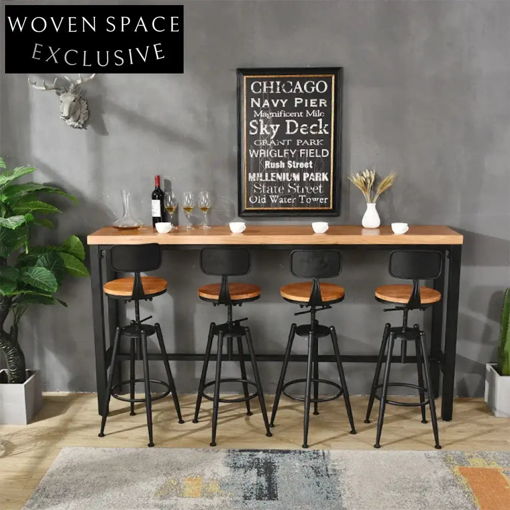 Vintage Solid Wood Coffee Shop Bar Counter, Metal High Leg Narrow Bar Table