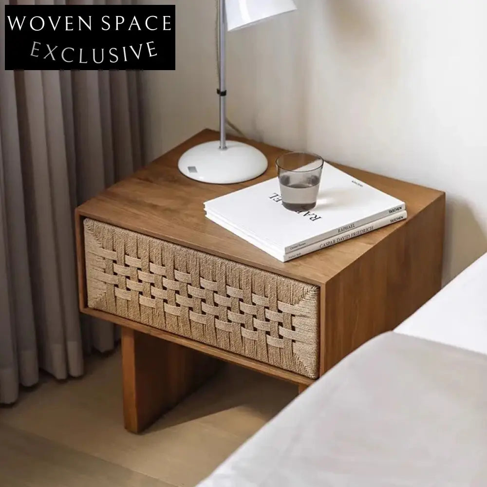 Wabi-sabi Ash Wood Nordic Rope Night Stand Modern Bedroom Bedside Table for Home
