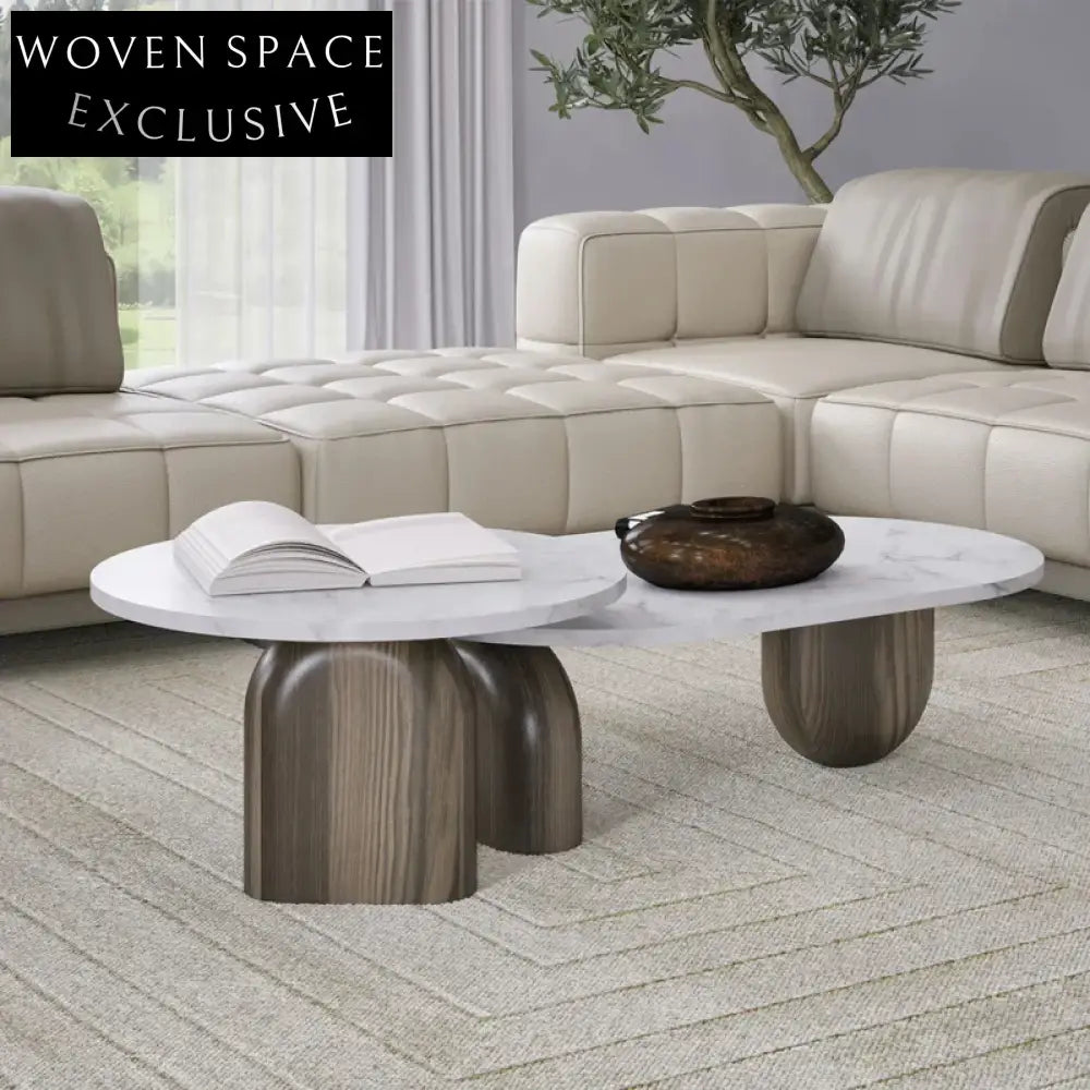 Wabi-sabi Minimalist Natural Travertine Marble Solid Wood Living Room Coffee Table