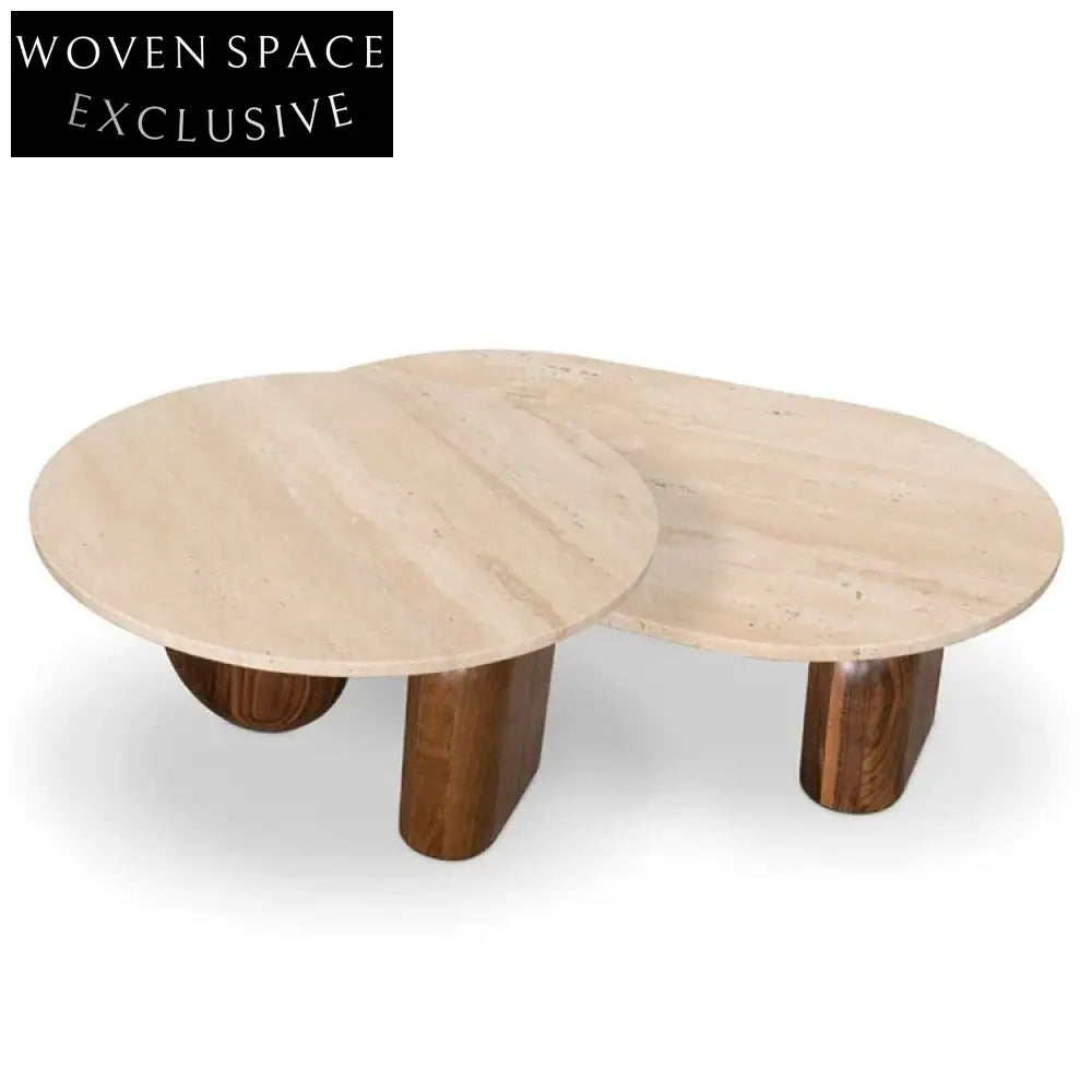 Wabi-sabi Minimalist Natural Travertine Marble Solid Wood Living Room Coffee Table