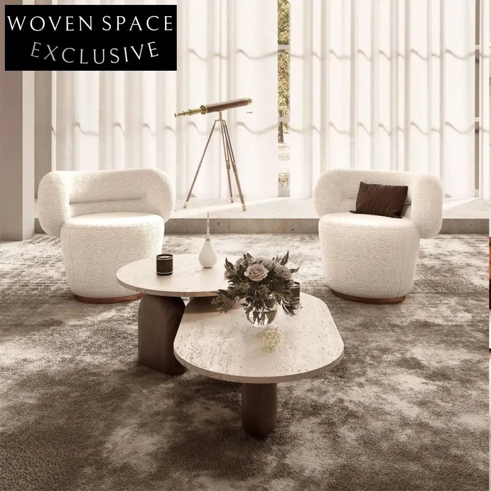 Wabi-sabi Minimalist Natural Travertine Marble Solid Wood Living Room Coffee Table