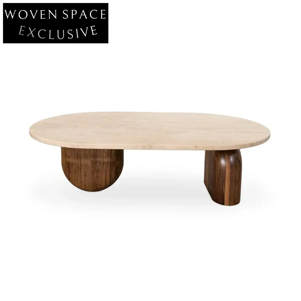 Wabi-sabi Minimalist Natural Travertine Marble Solid Wood Living Room Coffee Table