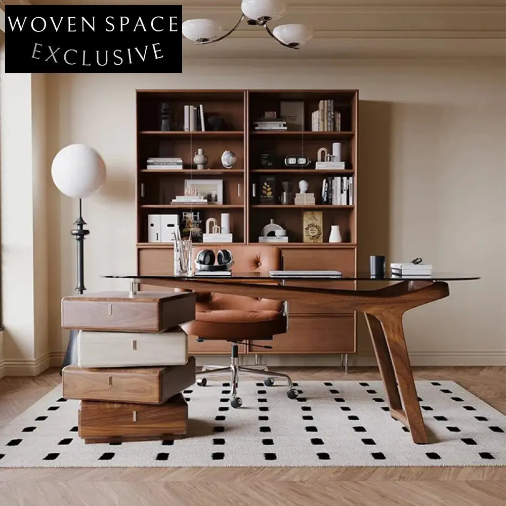 Wabi-Sabi Modern Glass Top Solid Wood Home Office Study Desk