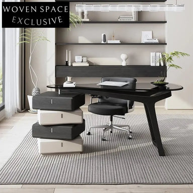 Wabi-Sabi Modern Glass Top Solid Wood Home Office Study Desk