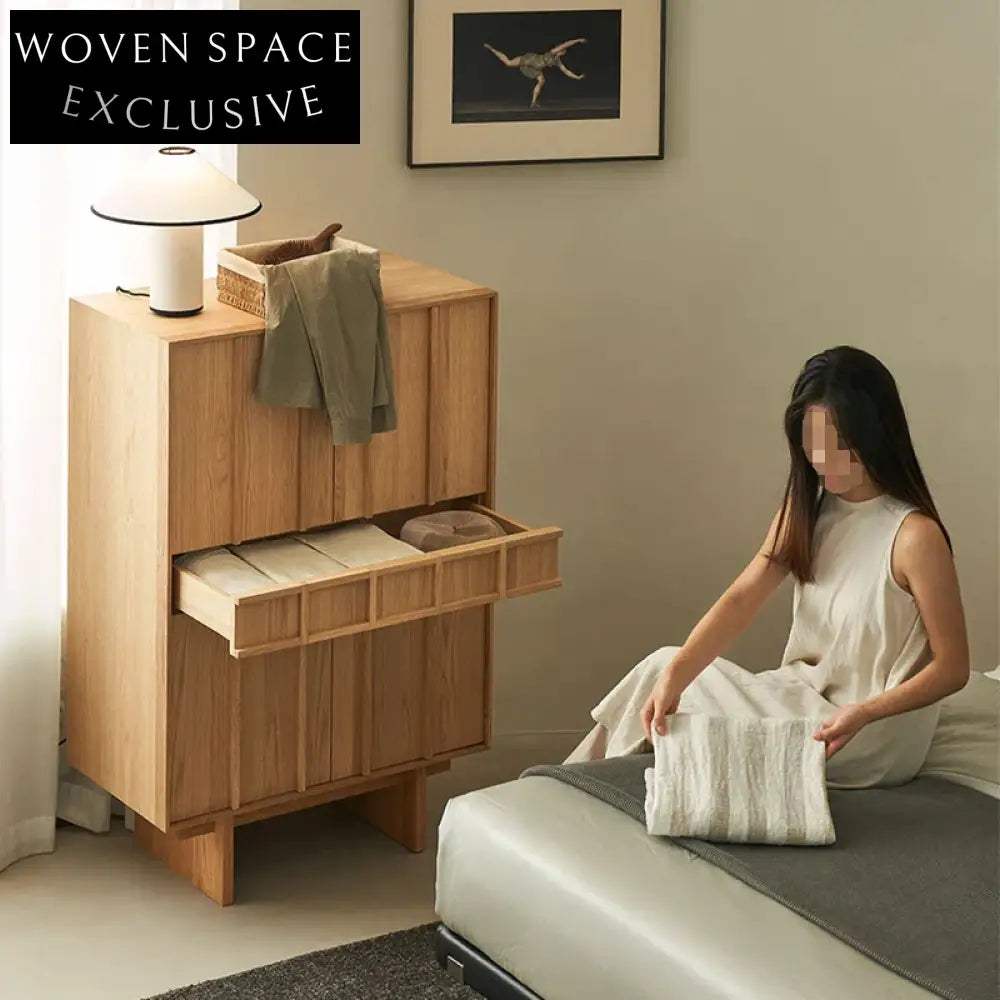 Wabi-Sabi Modern Oak Wood TV Cabinet with Drawers, Living Room Storage Console