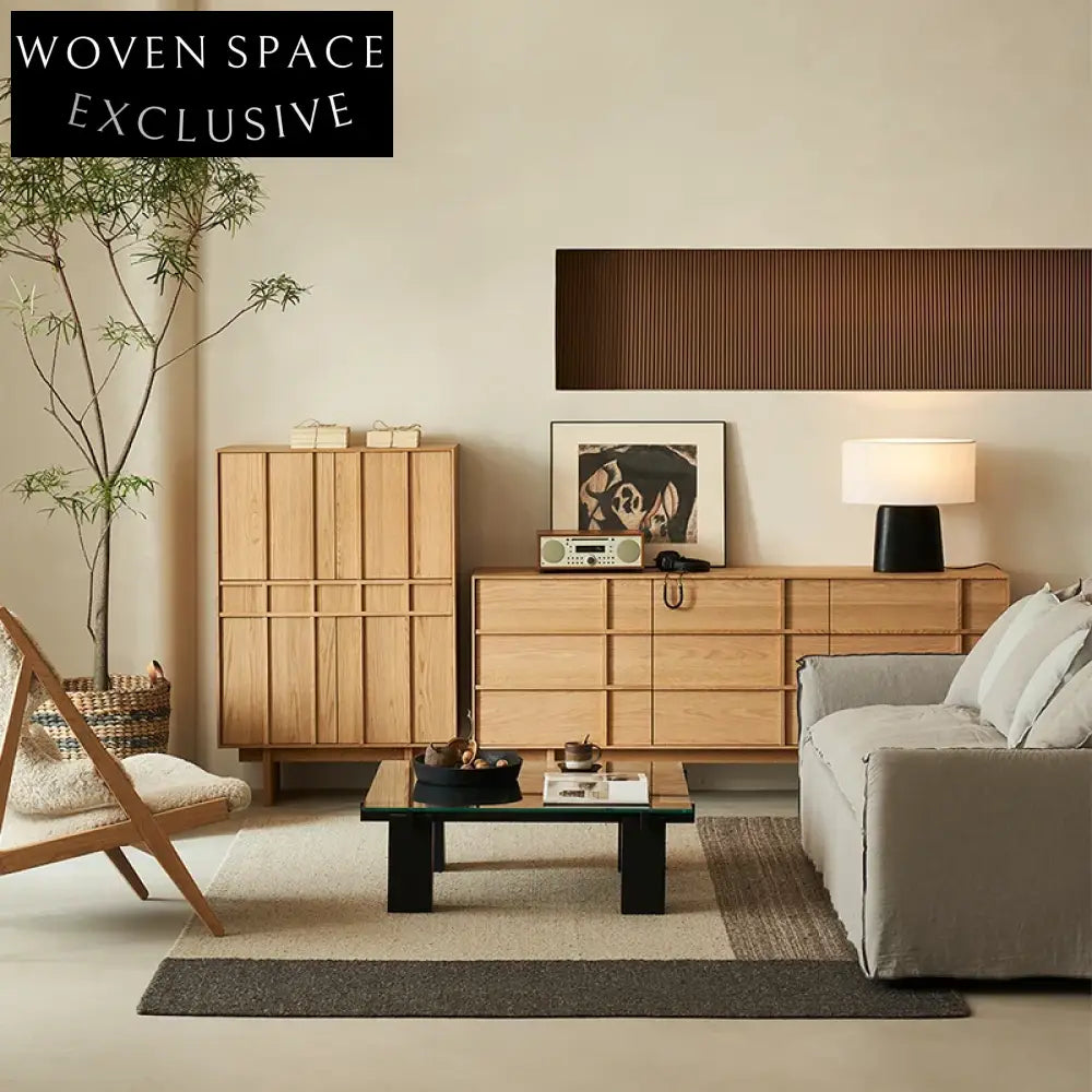 Wabi-Sabi Modern Oak Wood TV Cabinet with Drawers, Living Room Storage Console