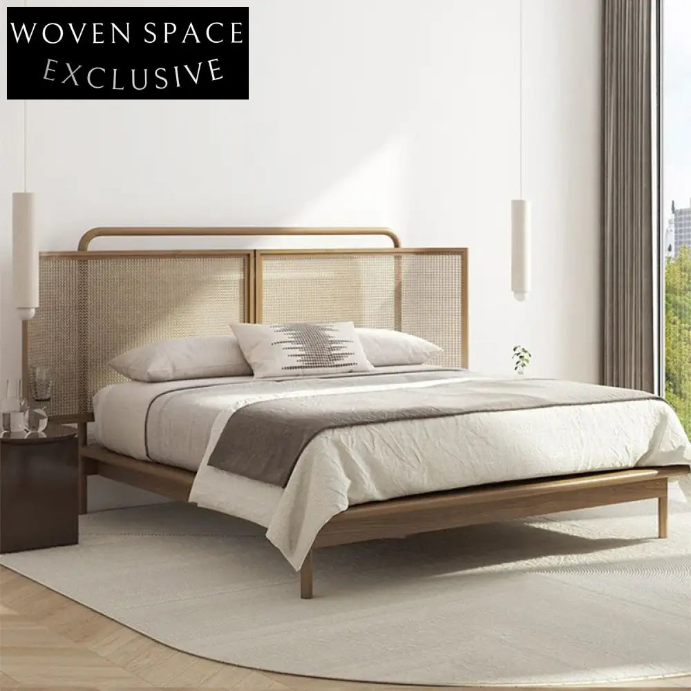 Wabi-Sabi Natural Rattan Solid Ash Wood Modern King Size Platform Bed