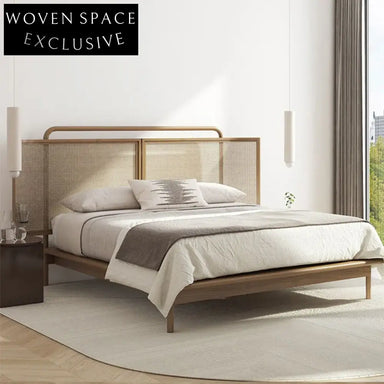 Wabi-Sabi Natural Rattan Solid Ash Wood Modern King Size Platform Bed