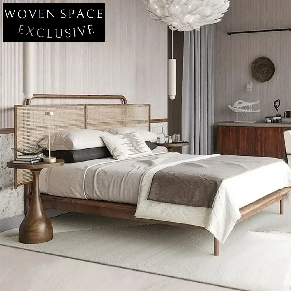 Wabi-Sabi Natural Rattan Solid Ash Wood Modern King Size Platform Bed