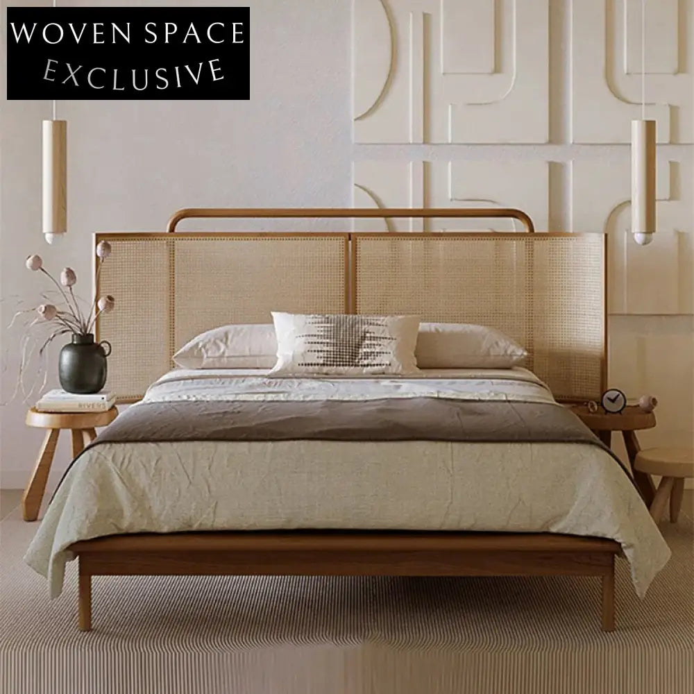 Wabi-Sabi Natural Rattan Solid Ash Wood Modern King Size Platform Bed