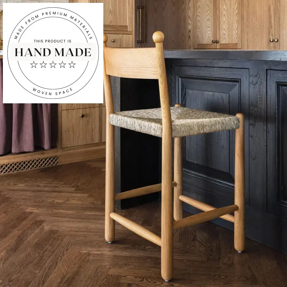 Wabi-sabi Retro Rattan Solid Wood High Back Counter Stool