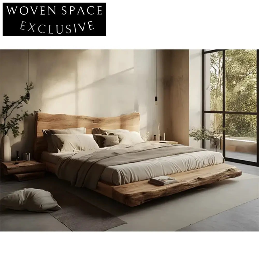 Wabi Sabi Solid Elm Wood Ancient Style Bedroom Platform Bed