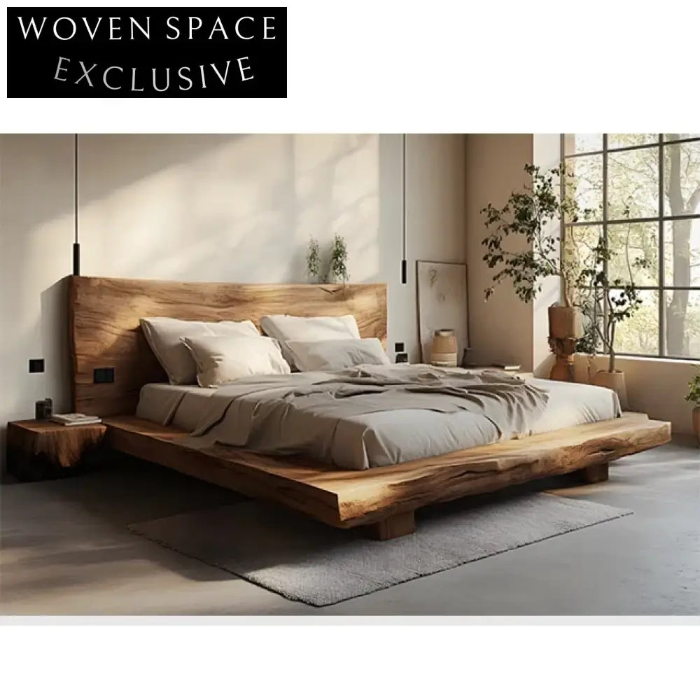 Wabi Sabi Solid Elm Wood Ancient Style Bedroom Platform Bed
