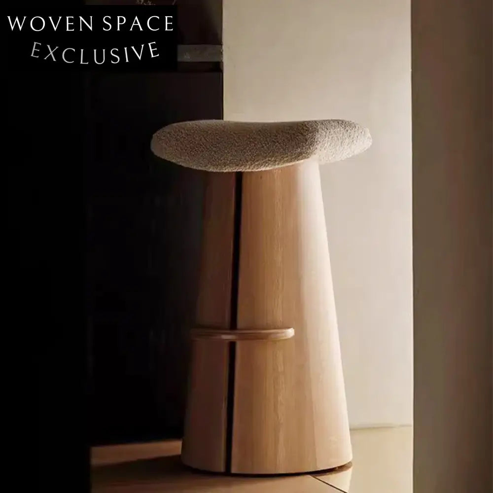 Wabi-sabi Solid Wood Base Bar Stool with Teddy Fabric Seat Chair