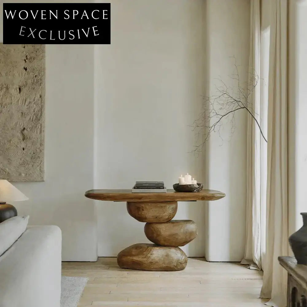 Wabi-sabi Solid Wood Stacked Stone Shape Living Room Accent Console Table