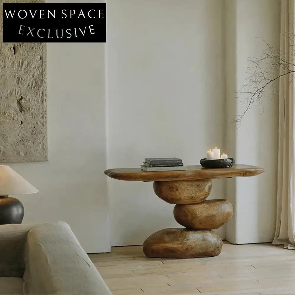 Wabi-sabi Solid Wood Stacked Stone Shape Living Room Accent Console Table