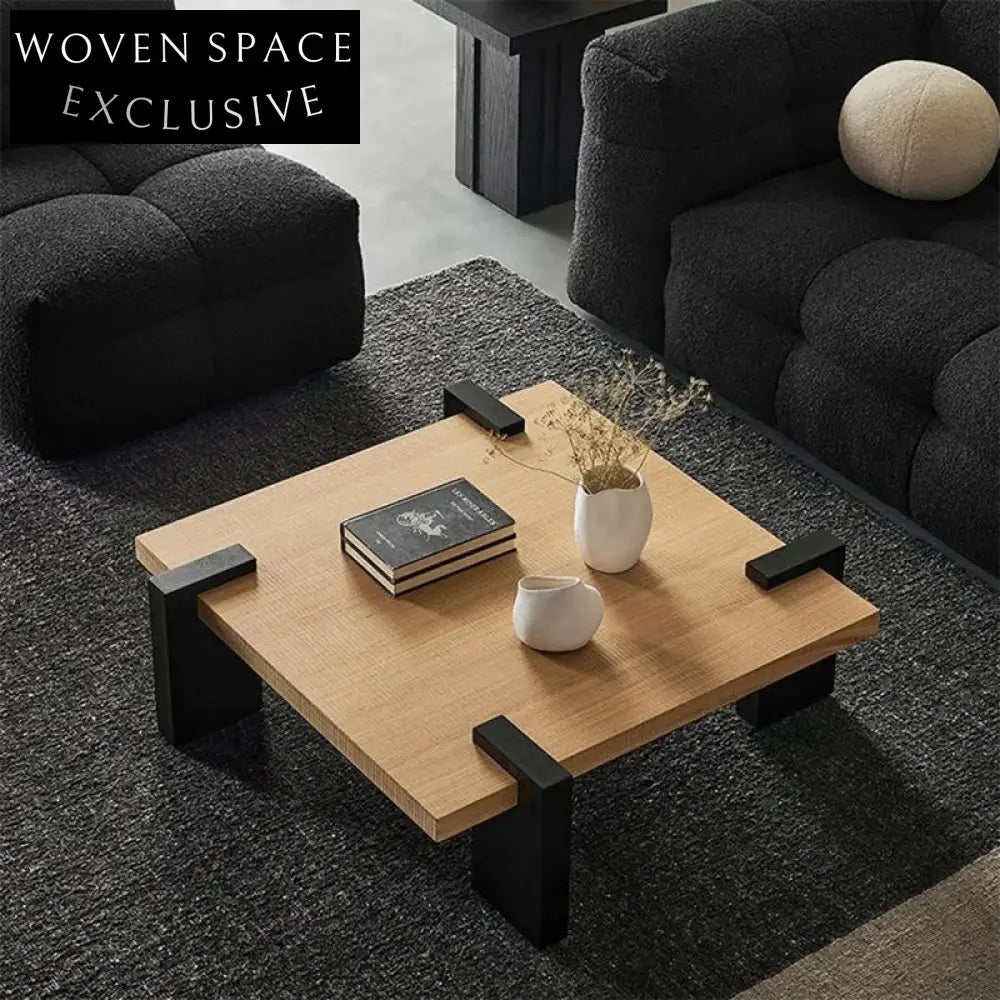 Wabi-Sabi Square Solid Pine Wood Coffee Table with Black Top