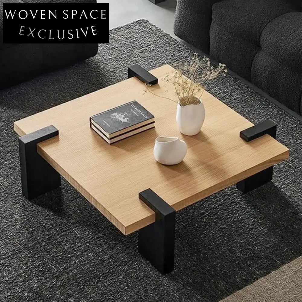 Wabi-Sabi Square Solid Pine Wood Coffee Table with Black Top