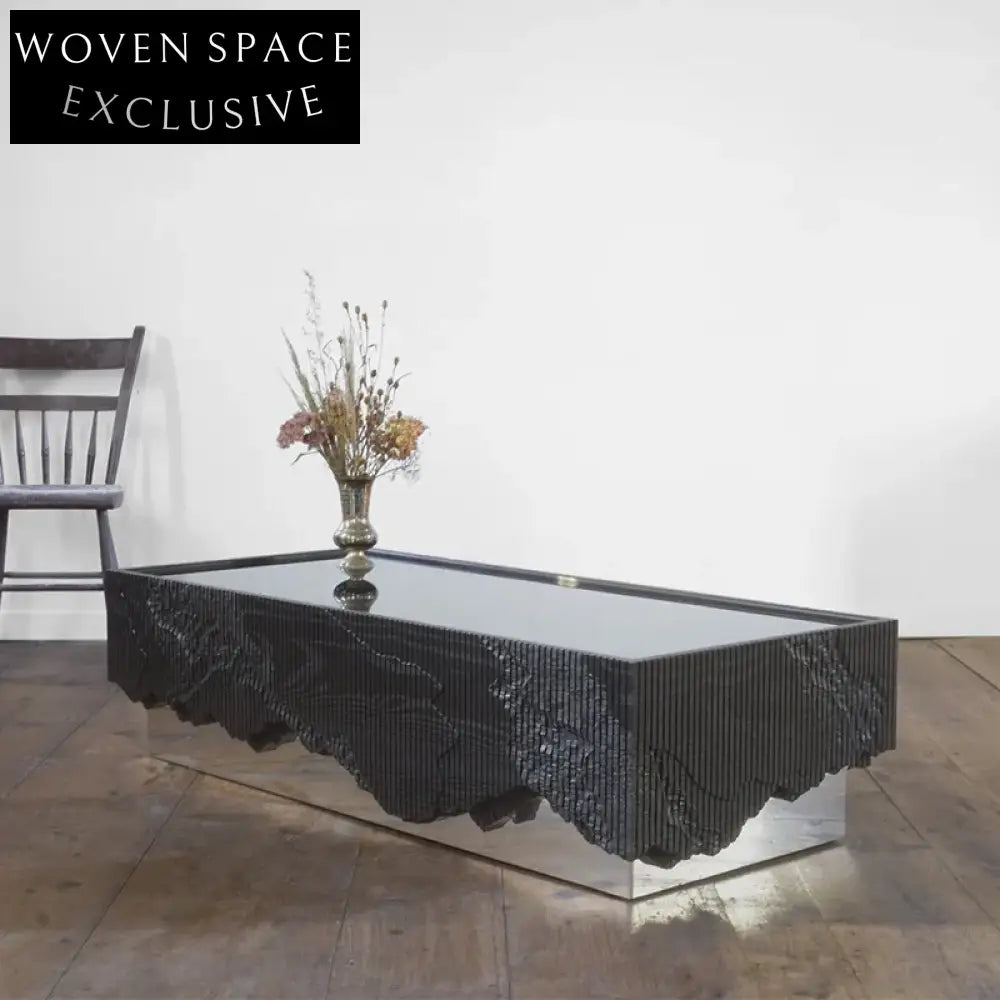Wabi-sabi Style Cuboid Stainless Steel Coffee Table with Wood Lamination