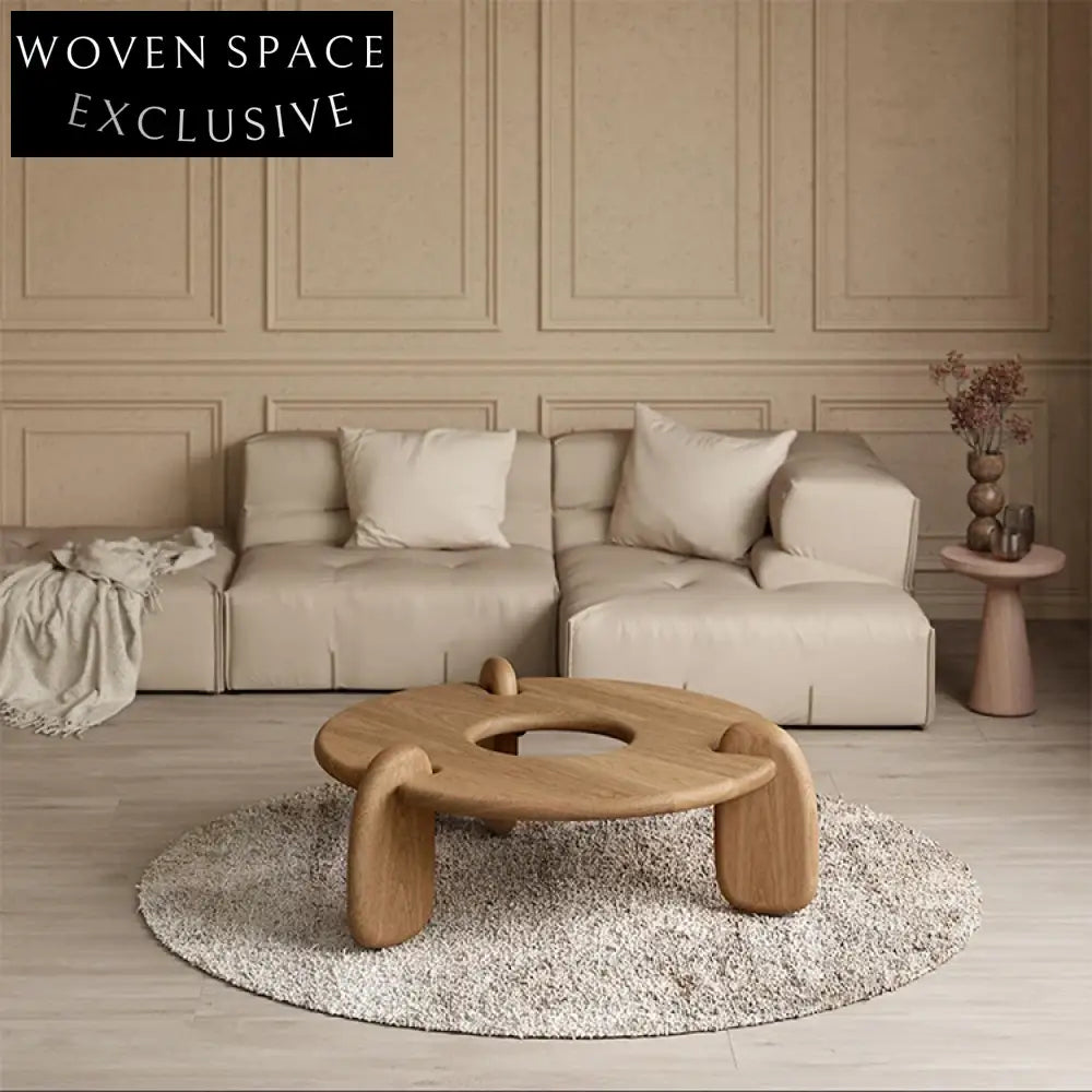 Wabi-Sabi Style Natural Oak Wood Round Low Height Living Room Coffee Table