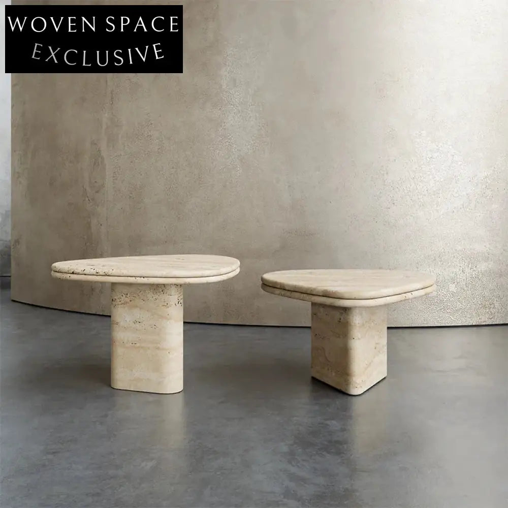 Wabi Sabi Travertine Stone Oval Coffee Table Set for Modern Living Rooms