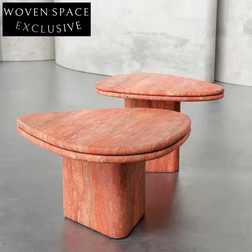 Wabi Sabi Travertine Stone Oval Coffee Table Set for Modern Living Rooms