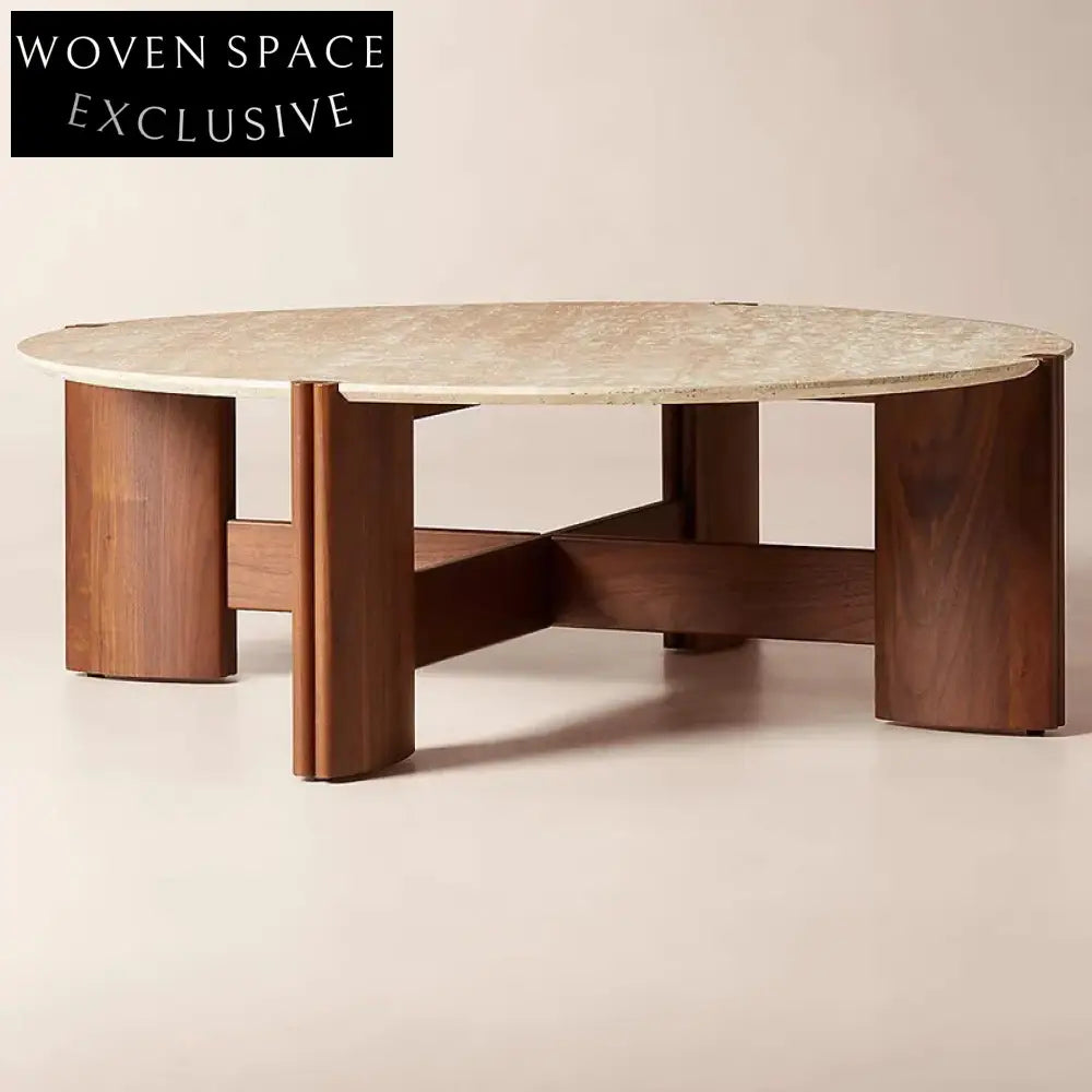 Wabi Sabi Travertine Stone Top Round Living Room Center Coffee Table