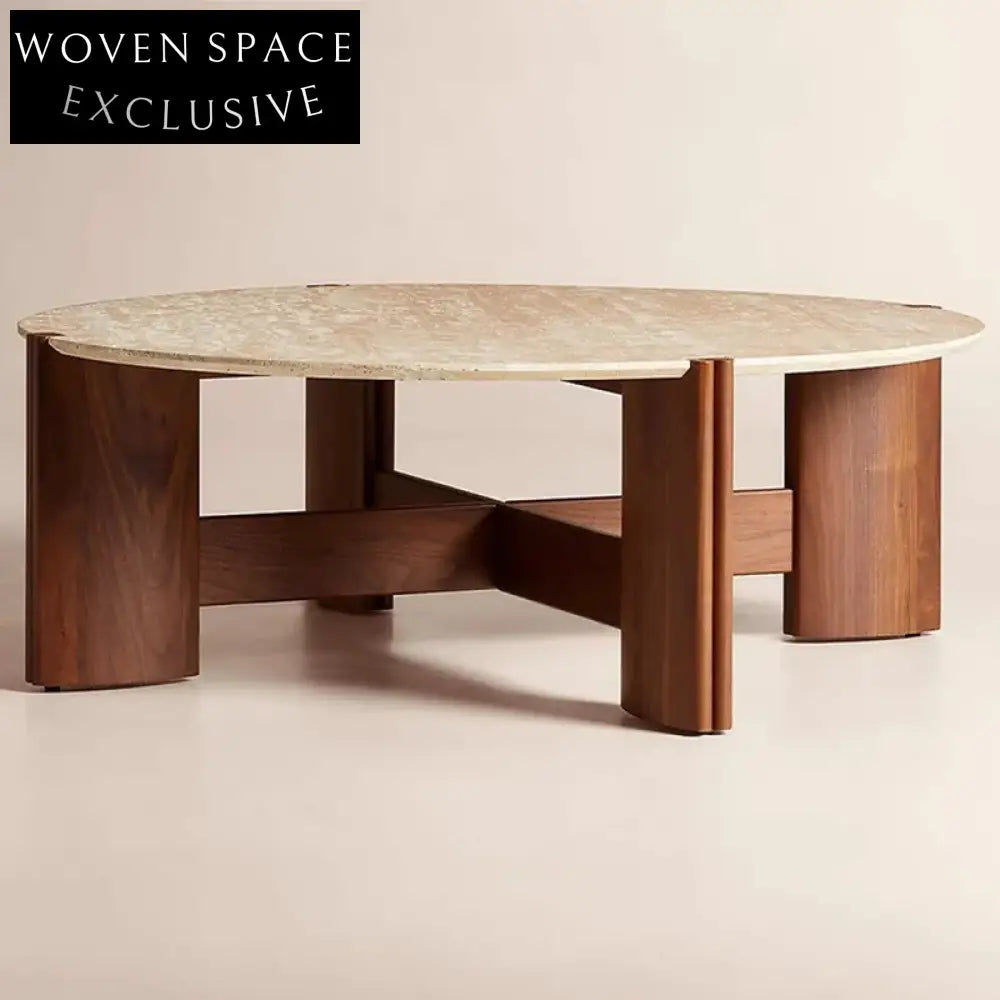 Wabi Sabi Travertine Stone Top Round Living Room Center Coffee Table