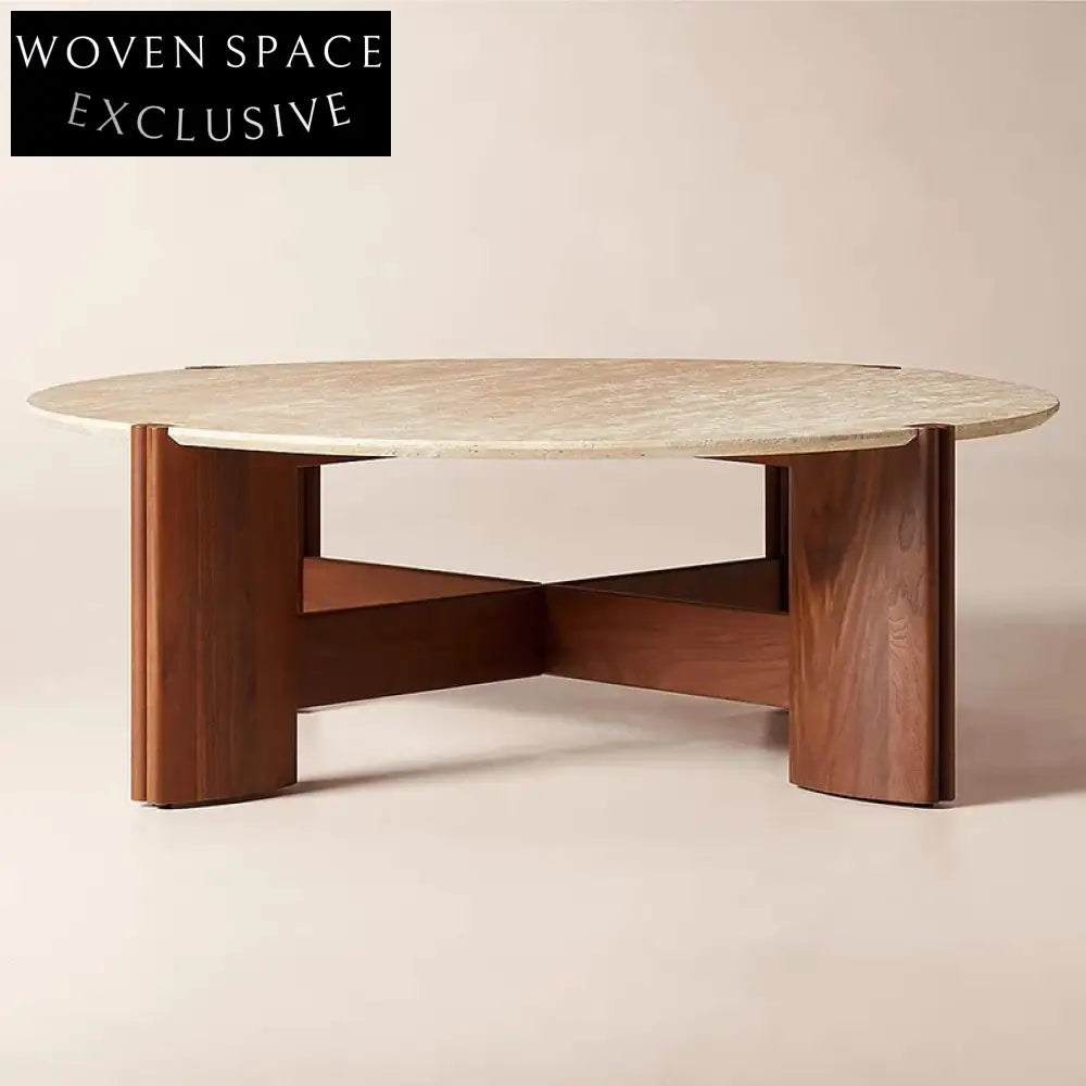 Wabi Sabi Travertine Stone Top Round Living Room Center Coffee Table
