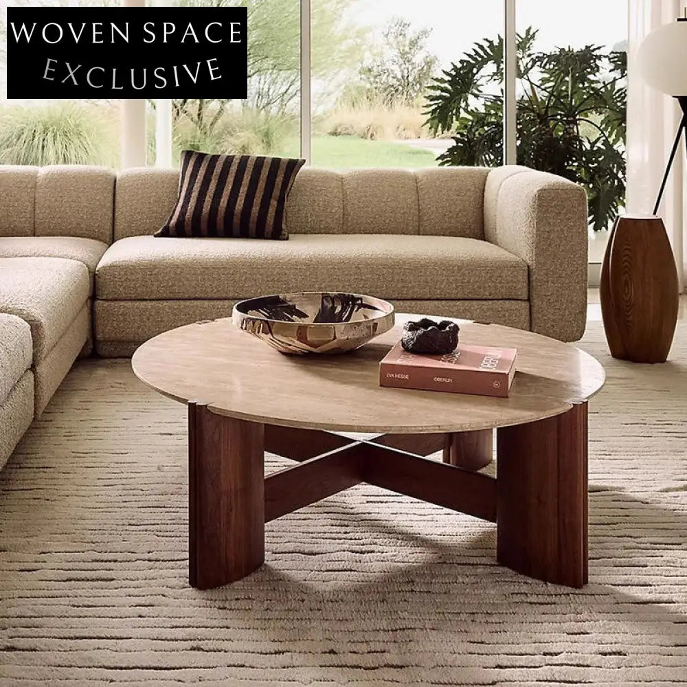 Wabi Sabi Travertine Stone Top Round Living Room Center Coffee Table