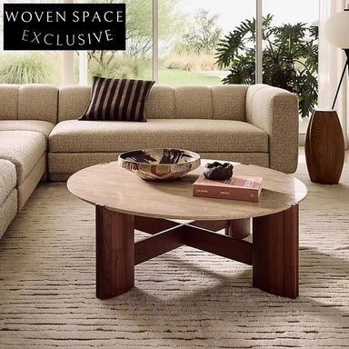 Wabi Sabi Travertine Stone Top Round Living Room Center Coffee Table
